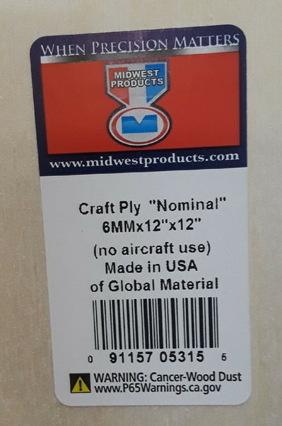 Midwest Products 5315 Aircraft Grade Birch Craft Plywood, 1/4" x 12" x 12"