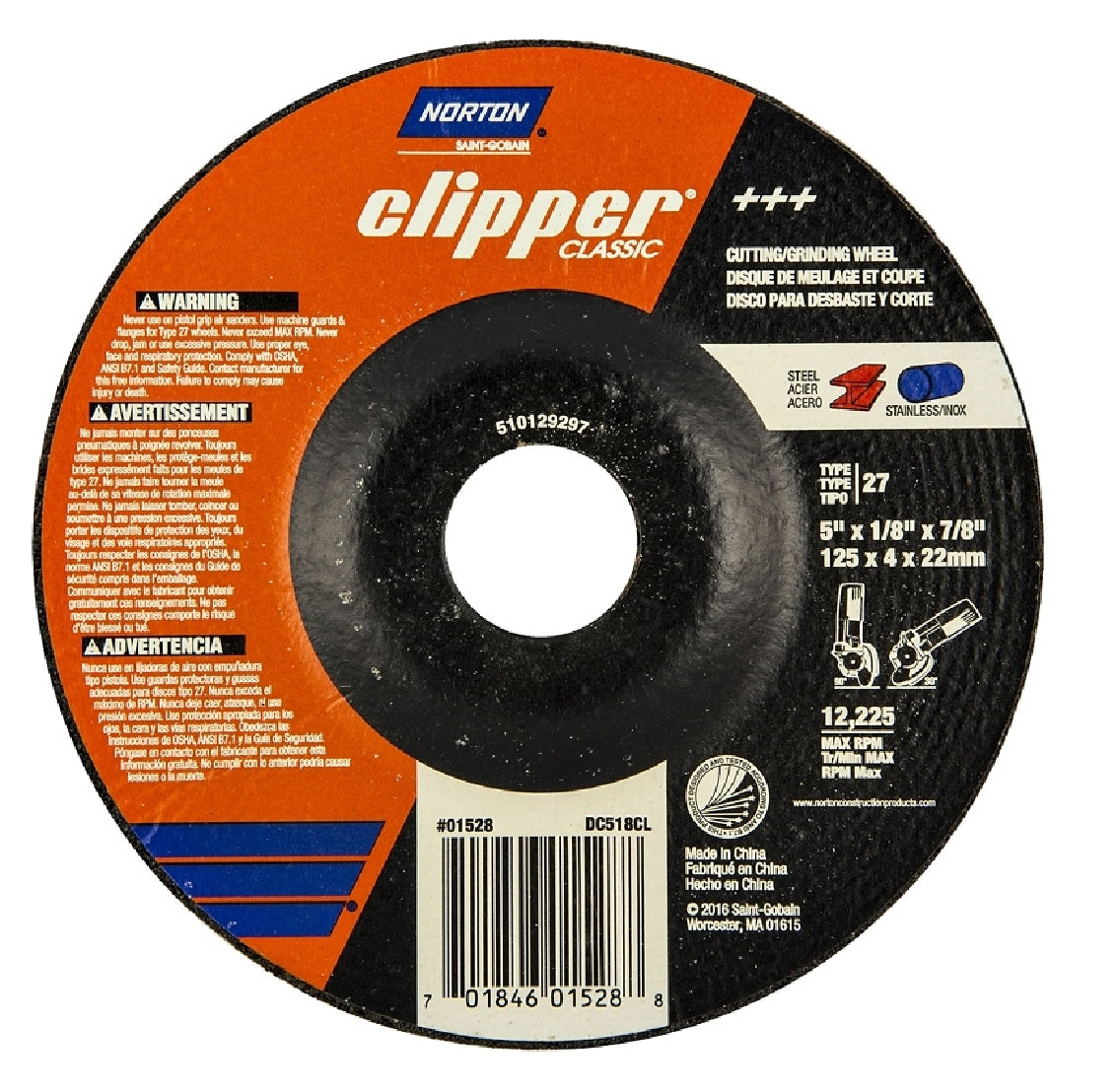 Norton 70184601528 Clipper Classic Grinding Wheel, Aluminum Oxide