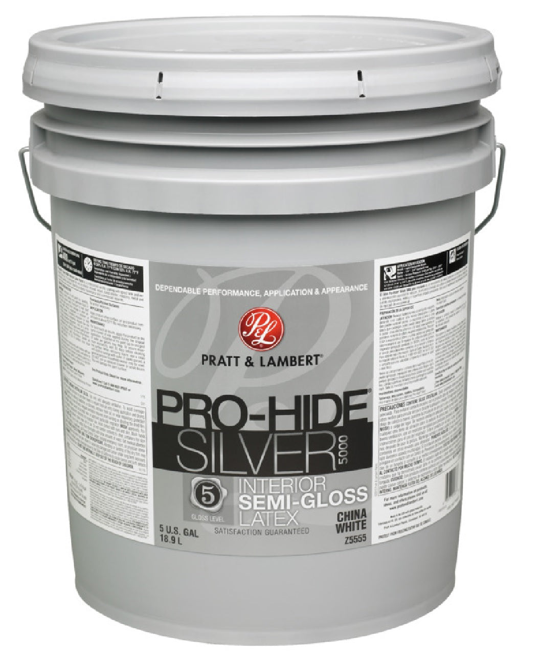 Pratt & Lambert 0000Z5555-20 Pro-Hide Silver Semi-Gloss Latex Interior Paint, 5 Gallon