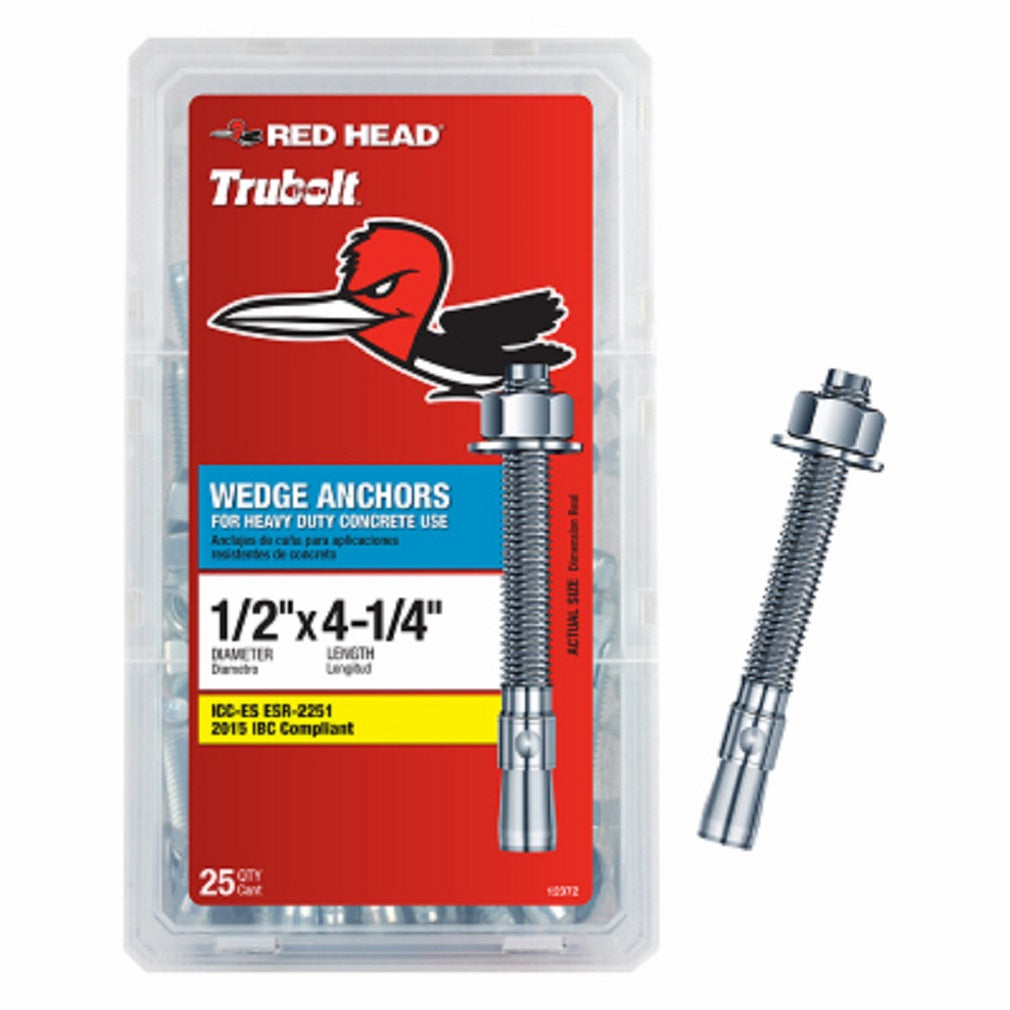 Red Head 12372 Heavy Duty Wedge Anchors, 25 Pack, 1/2 Inch x 4-1/4 Inch