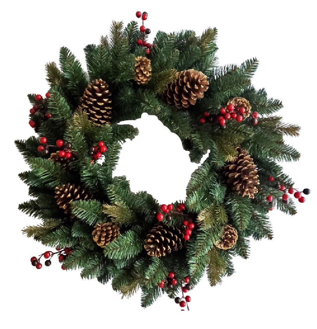 Santas Forest 38513 Red Cone & Berry Wreath, Green, PVC