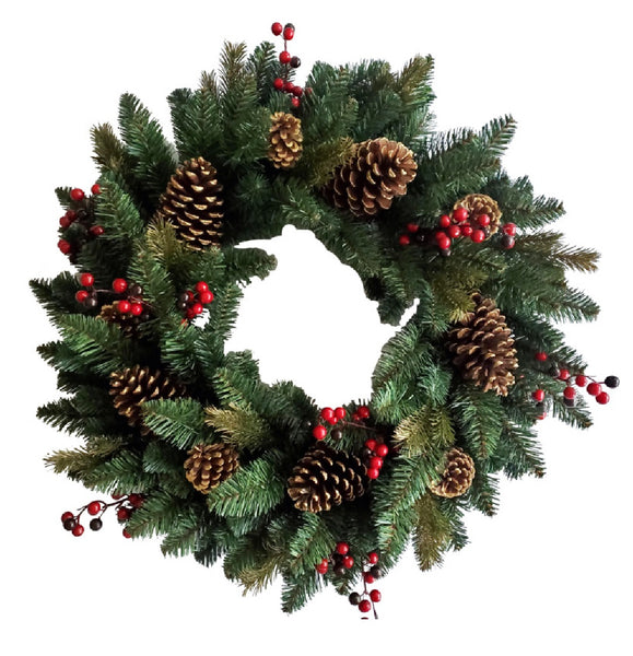 Santas Forest 38513 Red Cone & Berry Wreath, Green, PVC
