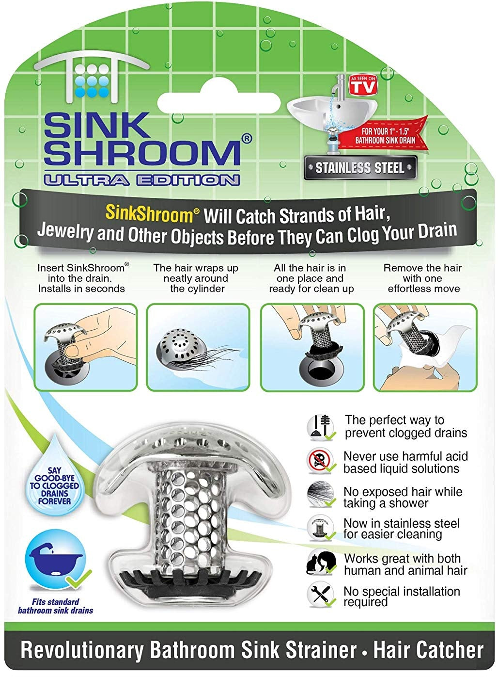 SinkShroom SSULTR321 Ultra Revolutionary Bathroom Sink Drain Protector, Stainless Steel