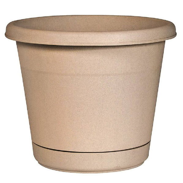 Southern Patio RN1207TA Rolled Rim Planter w/ Attached Saucer, 12 Inch, Oxford Tan