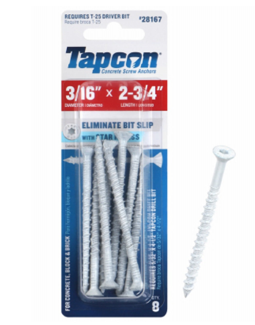 Tapcon 28167 Steel White Concrete Anchors, 8 Pack