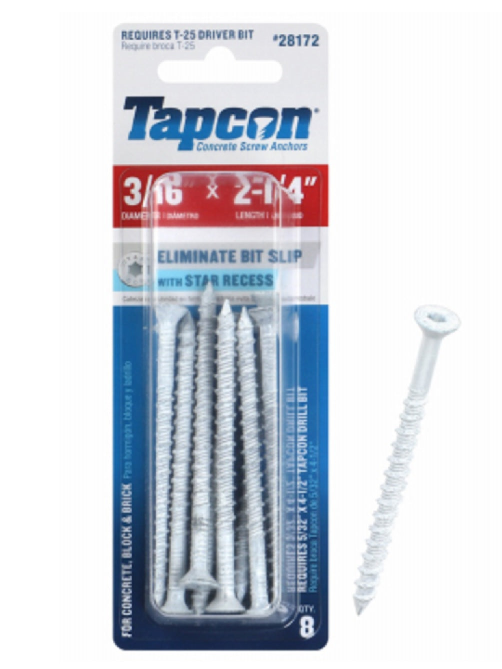 Tapcon 28172 Steel White Star Drive Concrete Anchors, 8 Pack