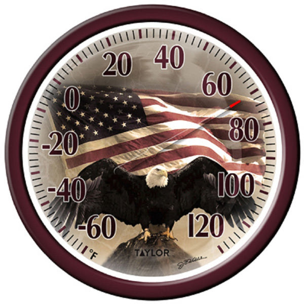Taylor 6773 Bald Eagle With American Flag Dial Thermometer, 13.25 Inch