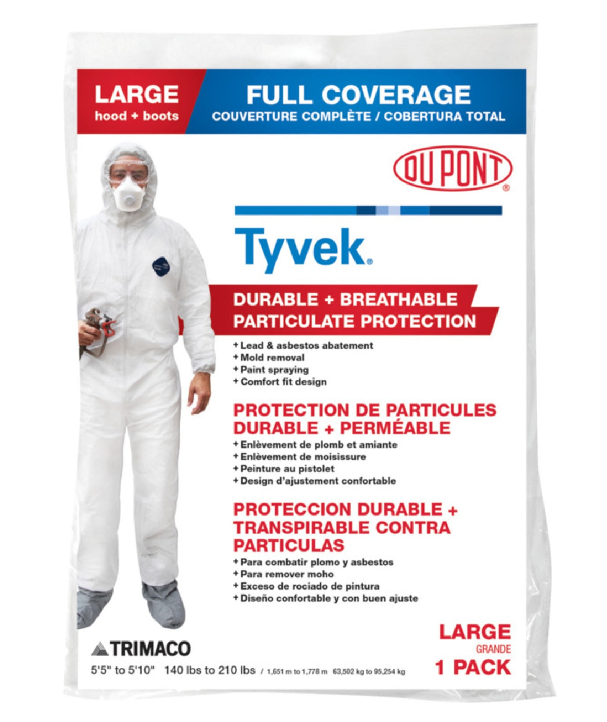 Trimaco 141222/12 Tyvek Coveralls With Hood & Boots, Large