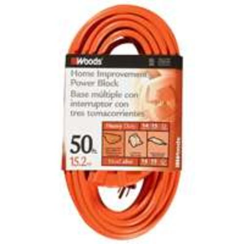 Coleman Cable 0826 3 Outlet Power Block, 14/3 X 50 Ft, Orange Sleeved