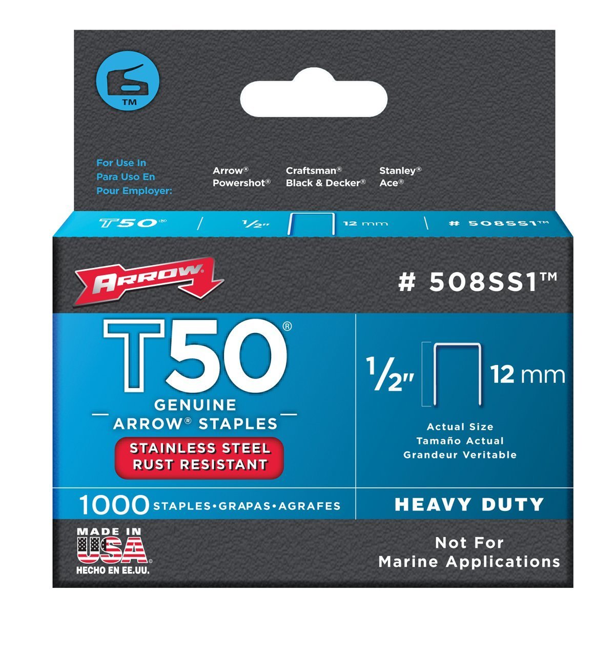 Arrow 508SS1 Corrosion Resistant T50 Staples, Stainless Steel, 1/2"
