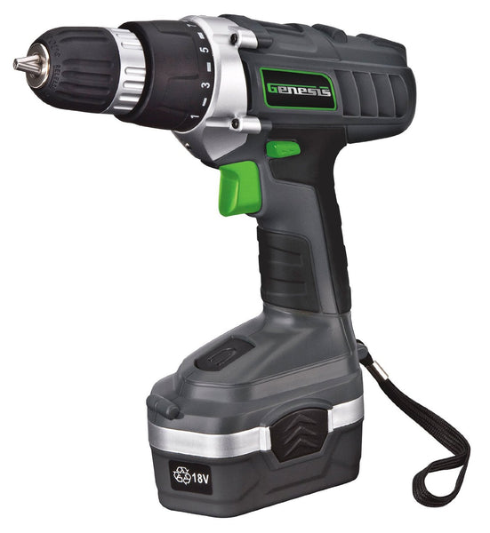 Genesis GCD18BK Cordless Drill/Driver Kit, 18V Battery, 3/8" Chuck