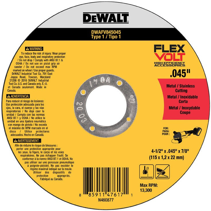 DeWalt DWAFV845045B5 Flexvolt Cutting Wheel, 4-1/2" x .045" x 7/8", 5/Pack