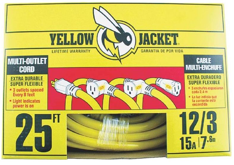 Yellow Jacket 2830 Multi-Outlet (3) Extension Cord with Power Light Plug, 25'