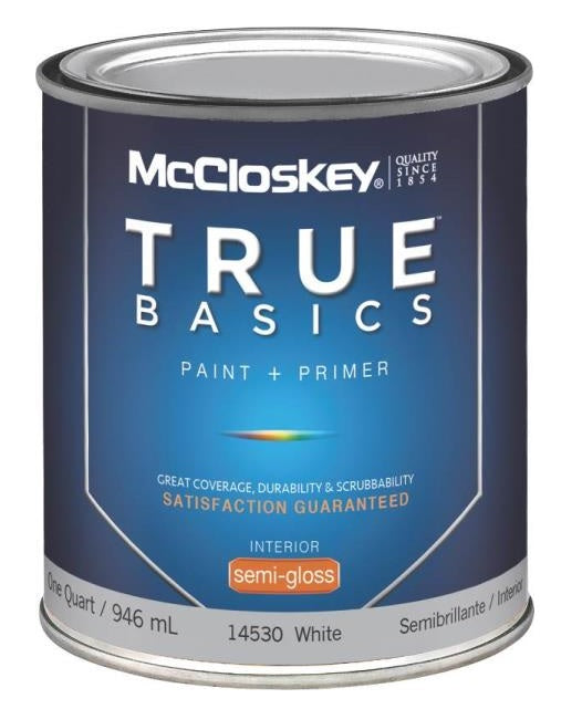 McCloskey 14530 True Basics Interior Latex Semi-Gloss Paint, Quart, White