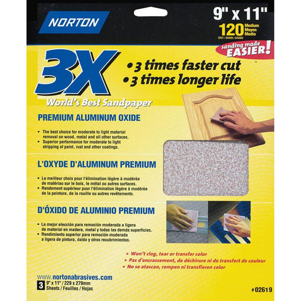 Norton 02619 Premium Aluminum Oxide Sandpaper Sheets, 9" x 11", 120 Grit