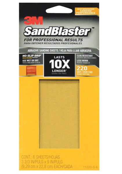 3M 11220-G-6 SandBlaster Sandpaper w/No Slip Grip Backing, 220 Grit, 9" X 3-2/3"