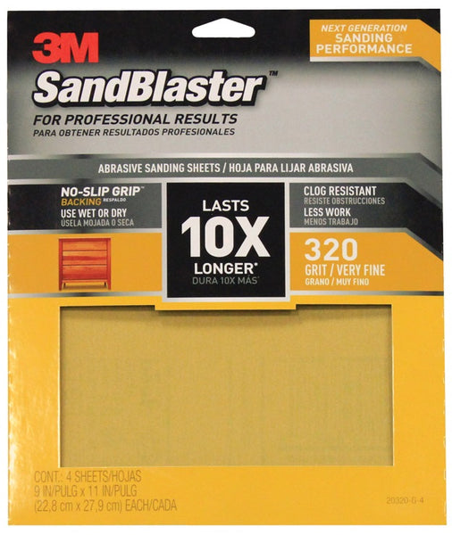 3M 20320-G-4 SandBlaster Sandpaper with No Slip Grip Backing, 320 Grit, 11" X 9"