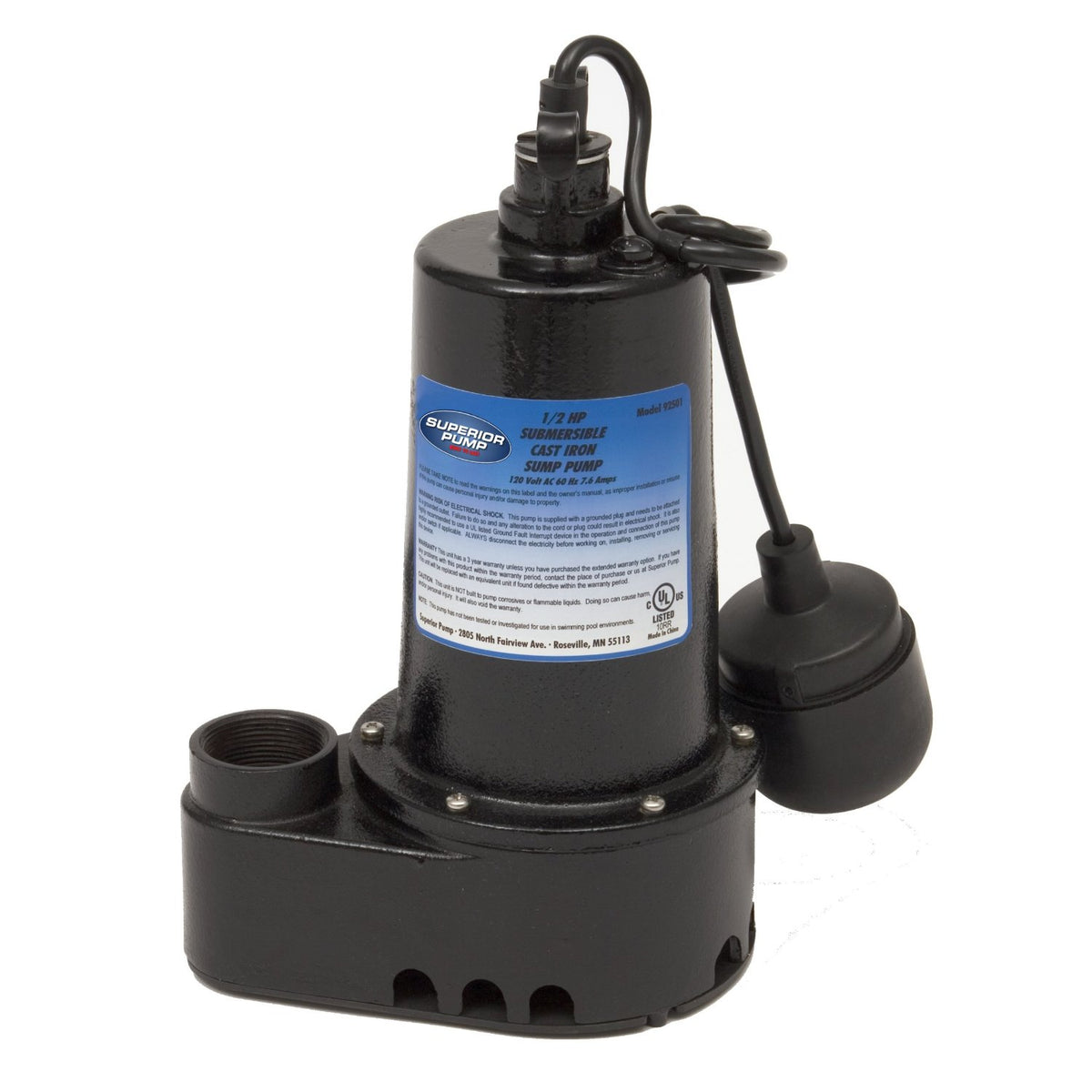 Superior Pump 92501 Iron Sump Pump Tethered, 1/2 Hp