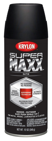 Krylon K08974000 SUPERMAXX Spray Paint, Satin Black, 12 Oz