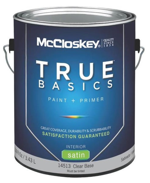 McCloskey 14513 True Basics Interior Latex Satin Paint, Gallon, Clear Base