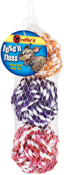 Ruffin&#039; It 18213 Toss &#039;N Floss Rope Ball Dog Toy, Assorted Colors, 3/Pack