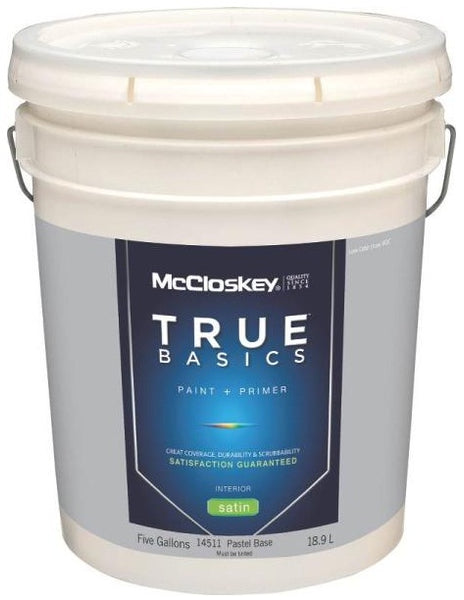 McCloskey 14511 True Basics Interior Latex Satin Paint, 5 Gallon, Pastel Base