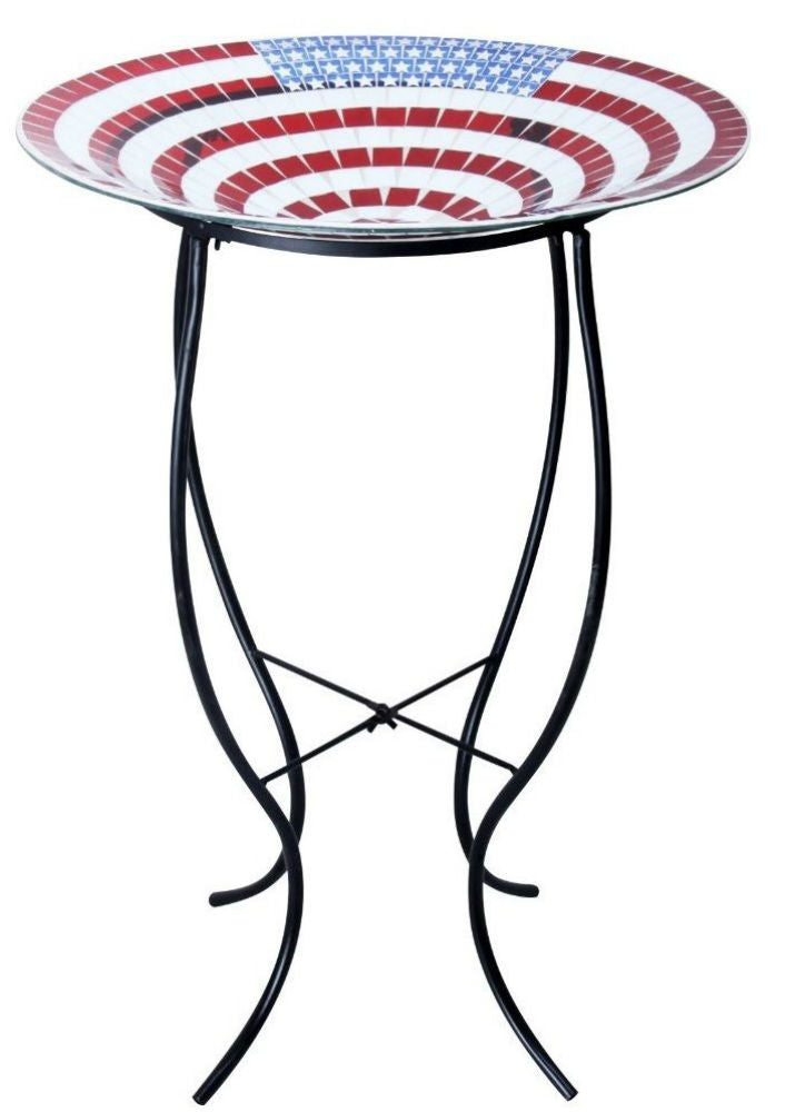 Alpine GRS472A-18 Mosaic American Flag Glass Birdbath With Metal Stand, 18"