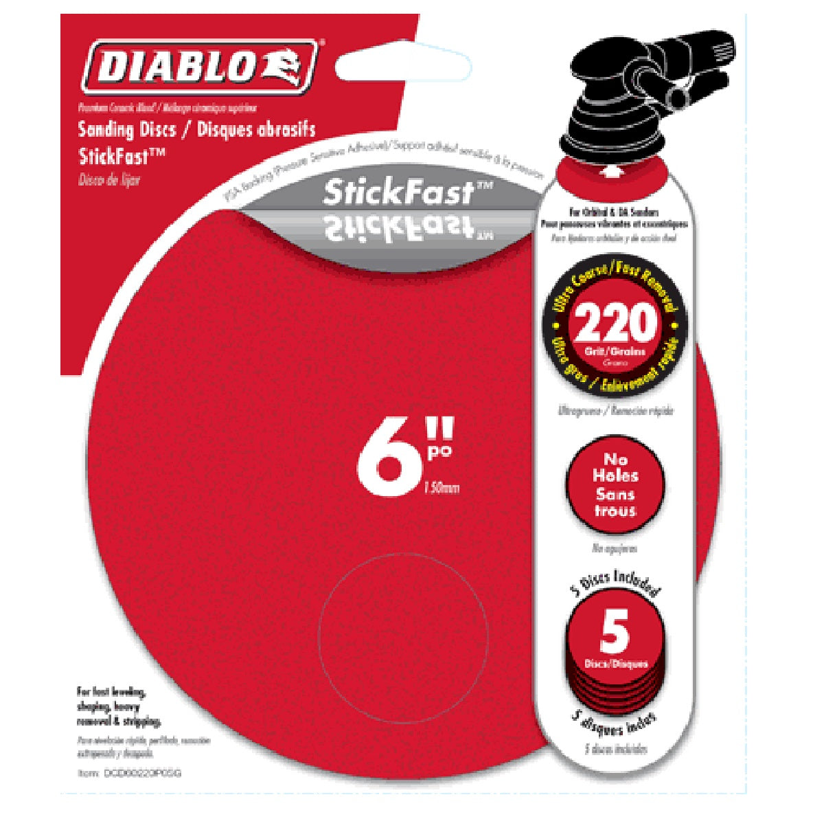 Diablo DCD060220P05G Random Orbital Sanding Disc with StickFast Backing, 220 Grit, Pack-5