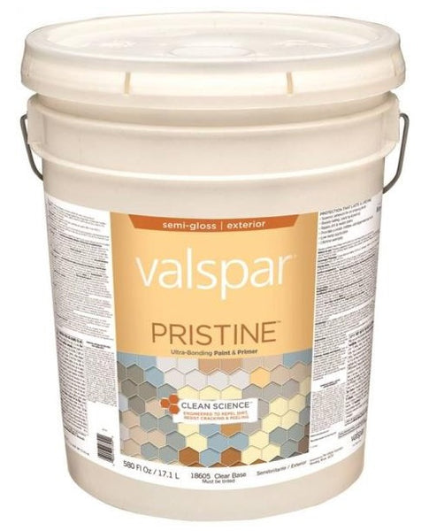 Valspar 18605 Pristine Exterior Paint/Primer, Latex, Clear Base, Semi-Gloss, 5 Gallon