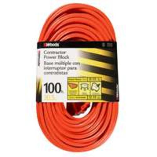 Coleman Cable 0820 3 Outlet Power Block, 12/3 X 100 Ft , Orange Sleeved