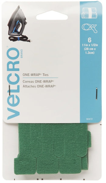 Velcro 90472 Reusable One-Wrap Ties, 1/2"W x 11"L, Green, 6/Pack