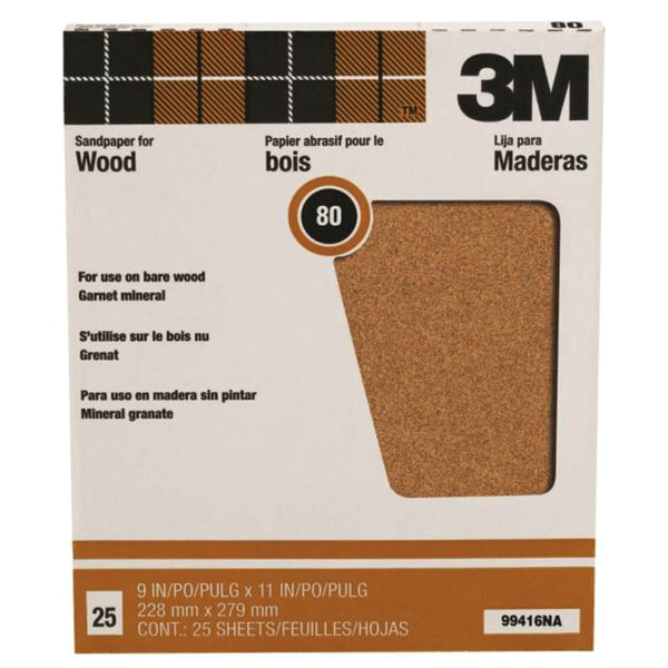 3M 99416 Pro-Pak Garnet Sand Paper, 80 Grit, 9" x 11", 25-Pack