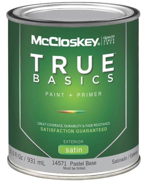McCloskey 14571 True Basics Exterior Latex Satin Paint, Quart, Pastel Base