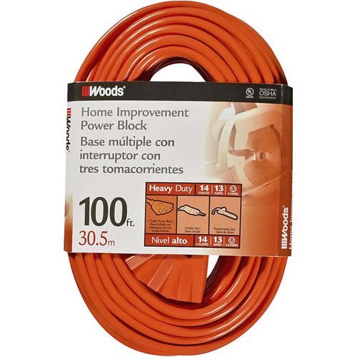 Coleman Cable 0827 SJTW 3-Outlet Power Block Extension Cord, 100'