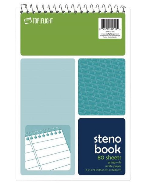 Top Flight 4600948 Wirebound Steno Book, 80 Sheet, 6" L x 9" W