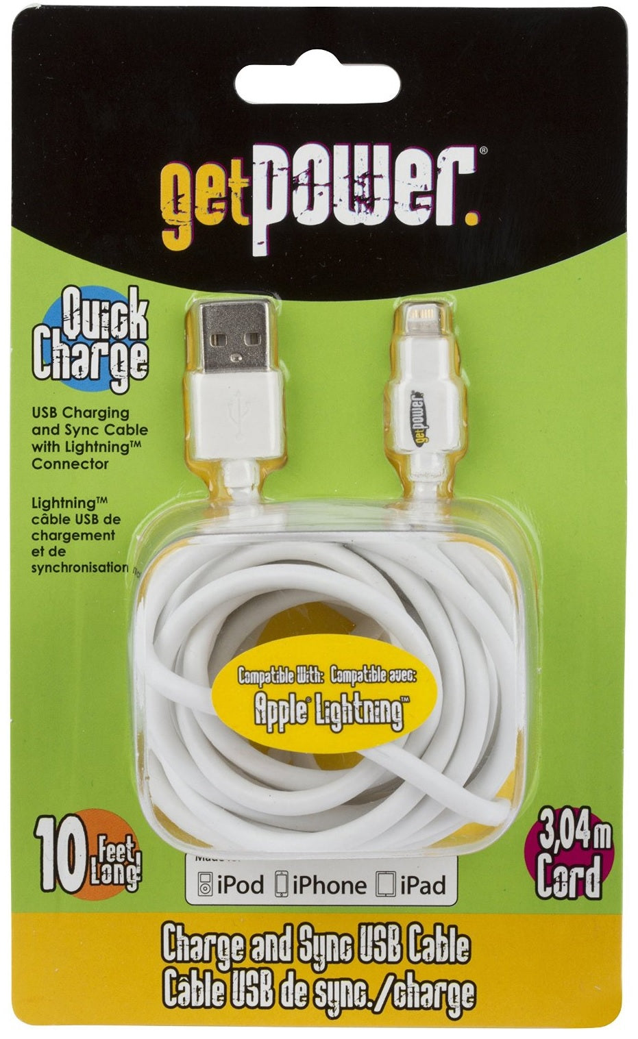 GetPower GP-XL-USB-L USB Charging and Sync Cable With Lightning Connector, 10&#039;