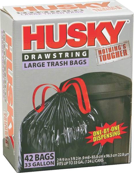 Husky HK33DS042B Drawstring Kitchen Trash Bag, 33 Gallon