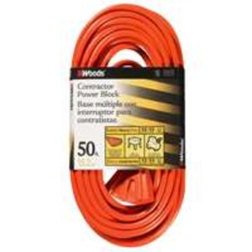 Coleman Cable 0819  3 Outlet Power Block, 12/3 X 50 Ft, Orange Sleeved
