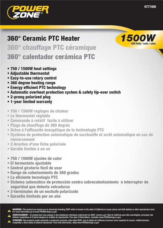 Power Zone PTC-156 Ceramic PTC Heater, 1500 W