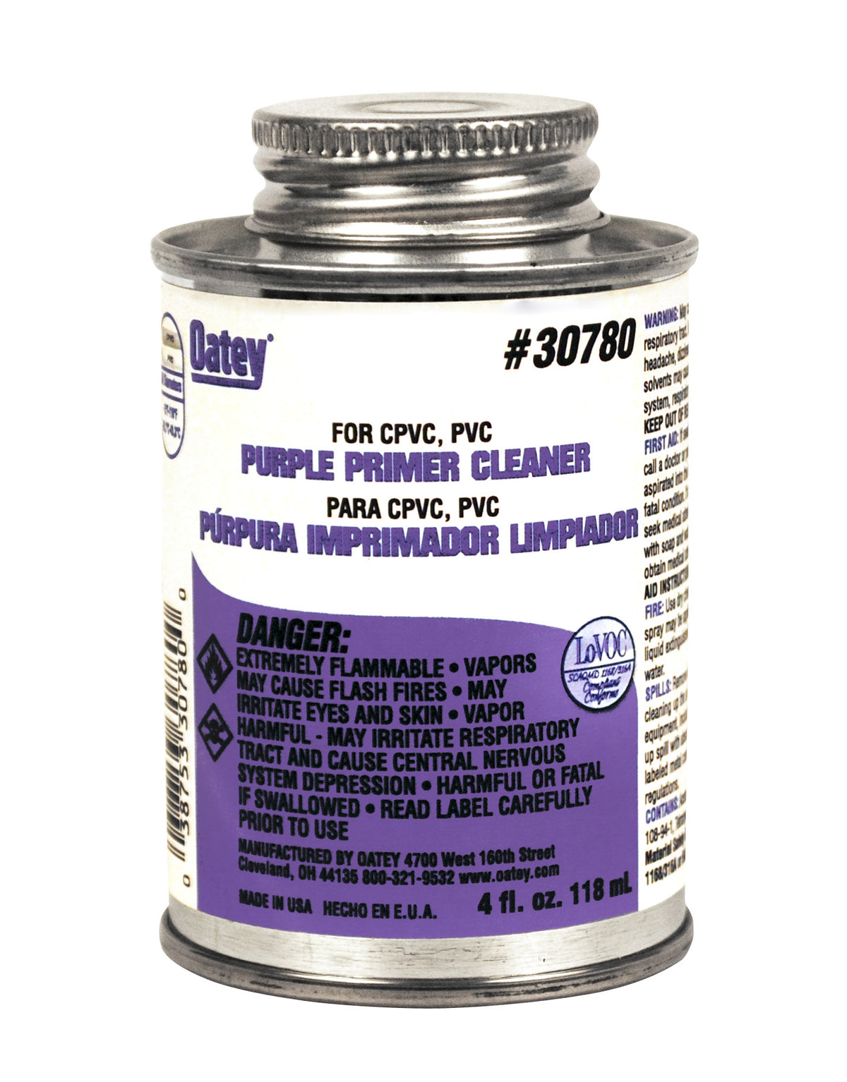 Oatey 30780 Lo-VOC PVC/CPVC Primer/Cleaner, 4 Oz, Purple