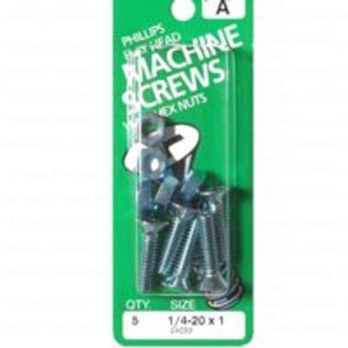 Midwest 24033 Flat Head Machine Screw with Nut 1/4"-20x1", Zinc