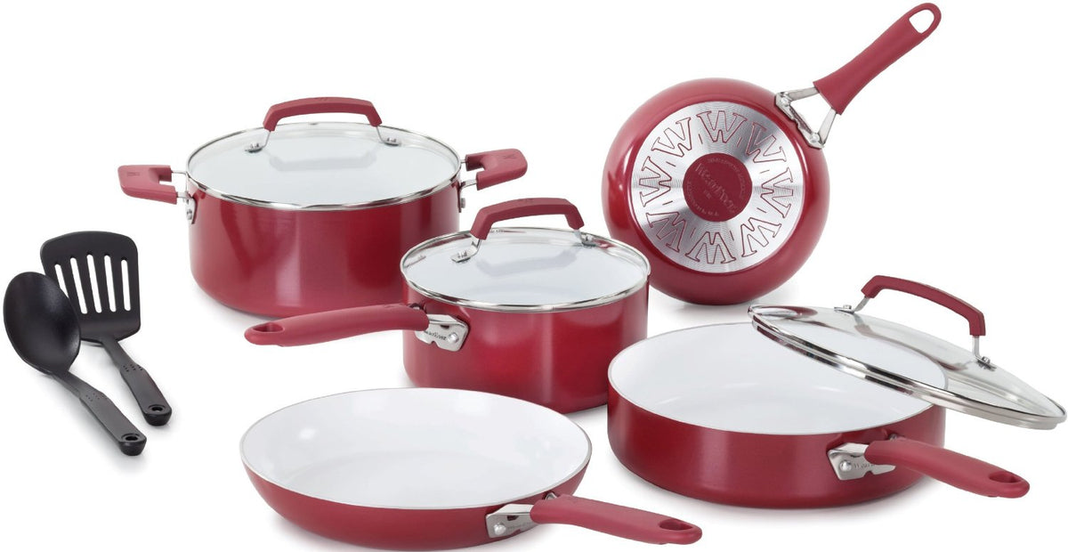 WearEver C943SA74 Pure Living Nonstick Ceramic Cookware Set, Red, 10 Piece