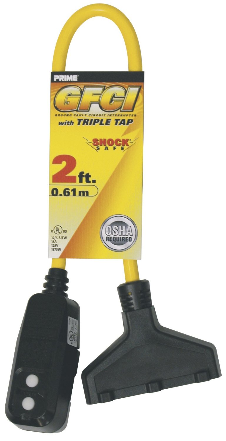 Prime Wire & Cable GF420802 Gfci 3-Outlet Adapter Cord, 2&#039; 12/3 SJTW, Yellow
