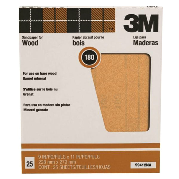 3M 99412 Pro-Pak Garnet Sand Paper, 180 Grit, 9" x 11", 25-Pack
