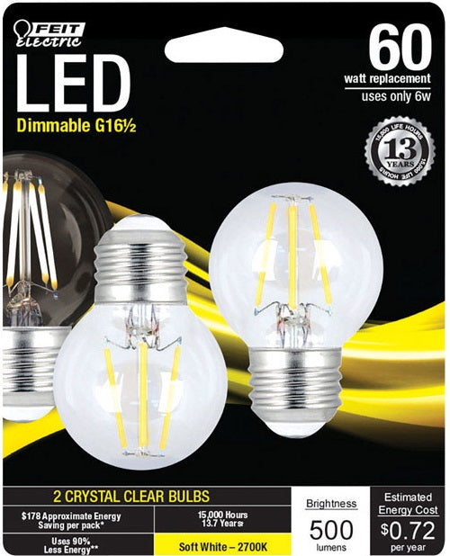 Feit Electric BPGM60827LED2 Globe LED Light Bulb, 500 Lumens, Clear