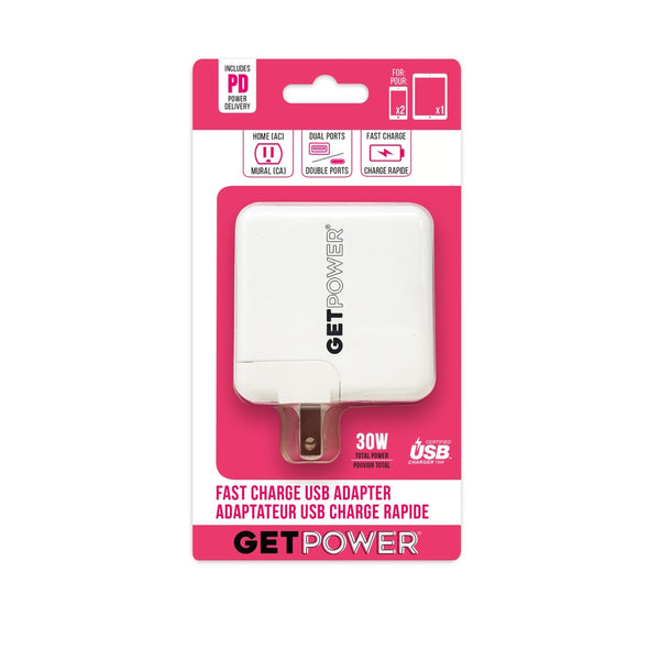 GetPower GP-AC2USB-PD Dual USB AC Adapter, White