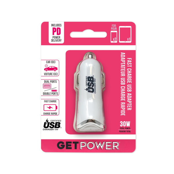 GetPower GP-DC2USB-PD Dual USB Car Adapter, White