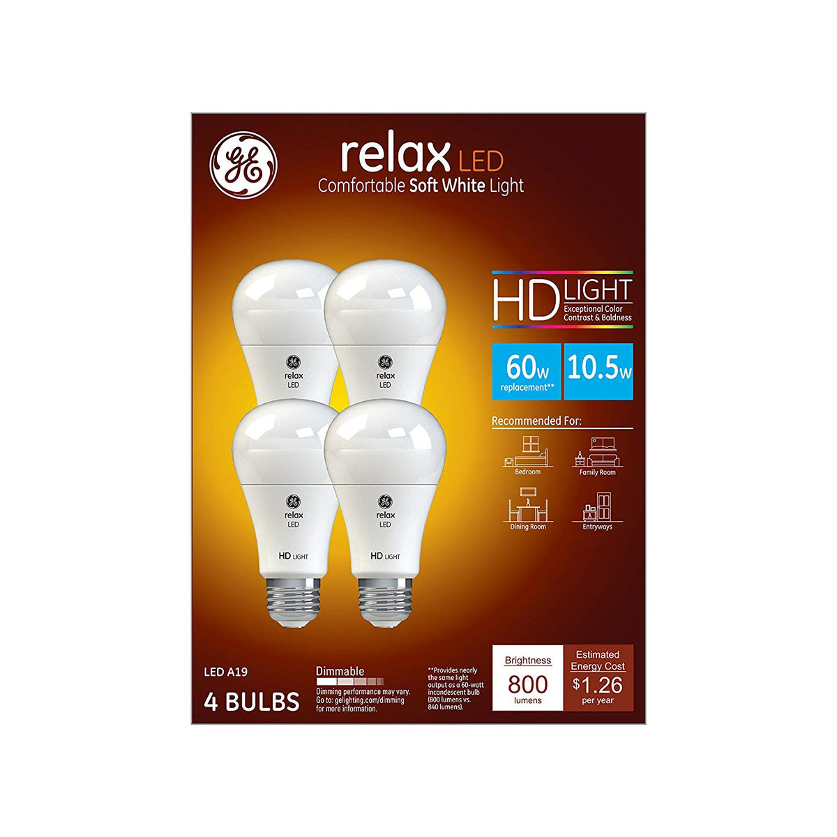 GE 43096 Relax HD LED Light Bulbs, 10.5 Watt