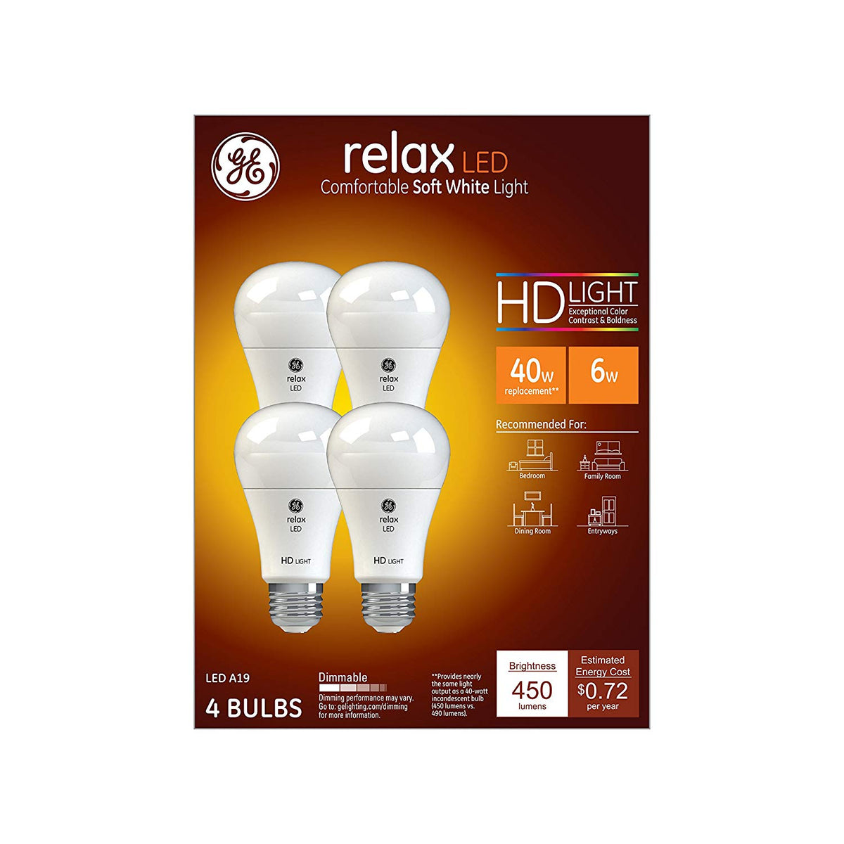 GE 42975 Relax HD LED Light Bulbs, 6 Watt