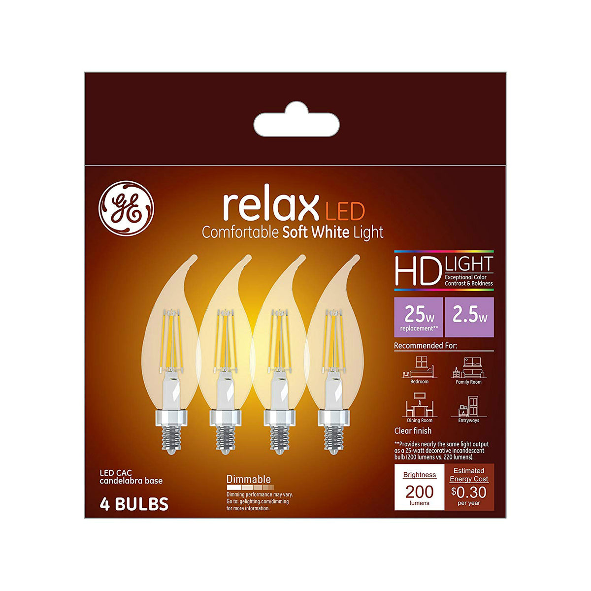 GE 45555 Relax HD LED Light Bulbs, 2.5 Watt